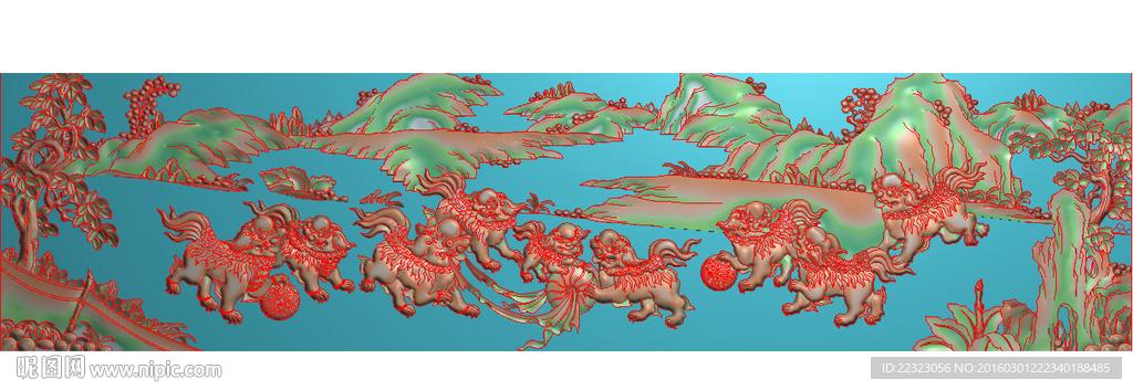 横版山水群狮戏球精雕浮雕灰度