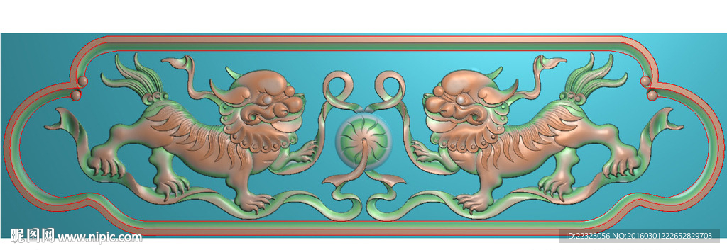 双狮绣球抽屉背板精雕灰度浮雕