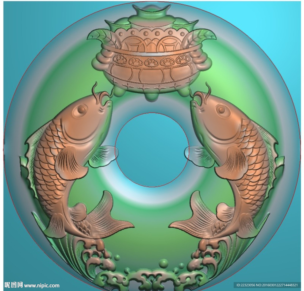 双鱼吐宝平安扣挂件精雕灰度浮雕