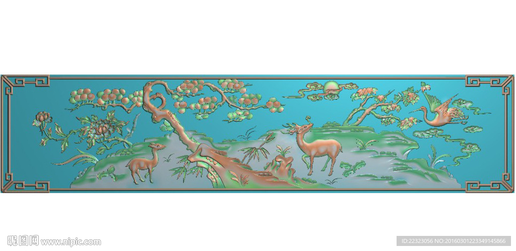 梅花鹿松鹤祥云靠背精雕浮雕灰度