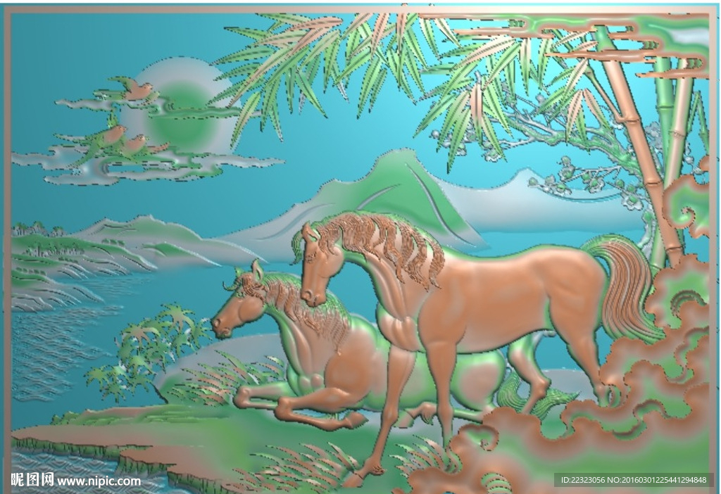 青梅竹马山水竹子精雕浮雕灰度