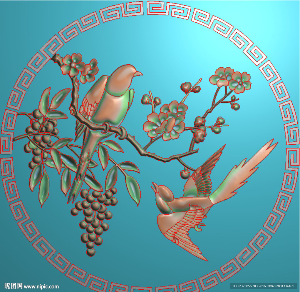 四季梅花鸟喜鹊圆盘回纹精雕浮雕