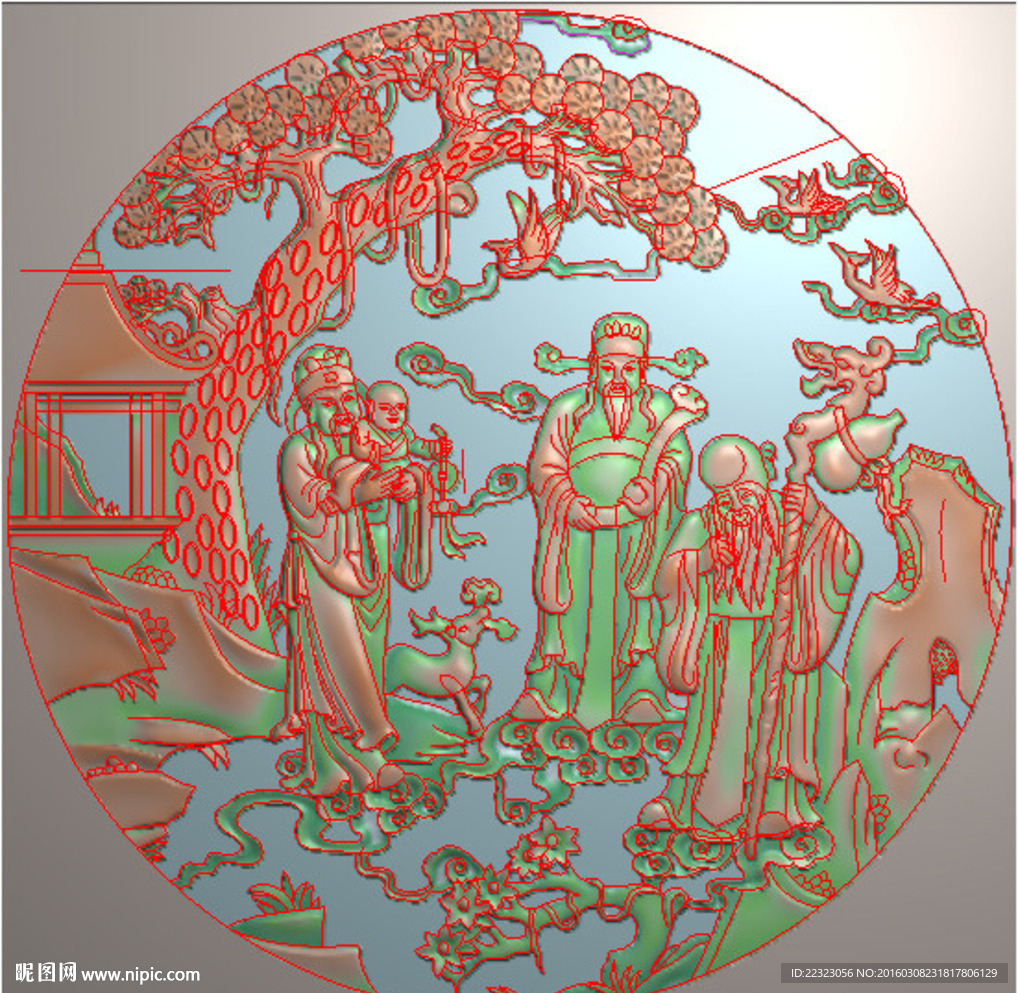 圆形山水福禄寿三星精雕浮雕