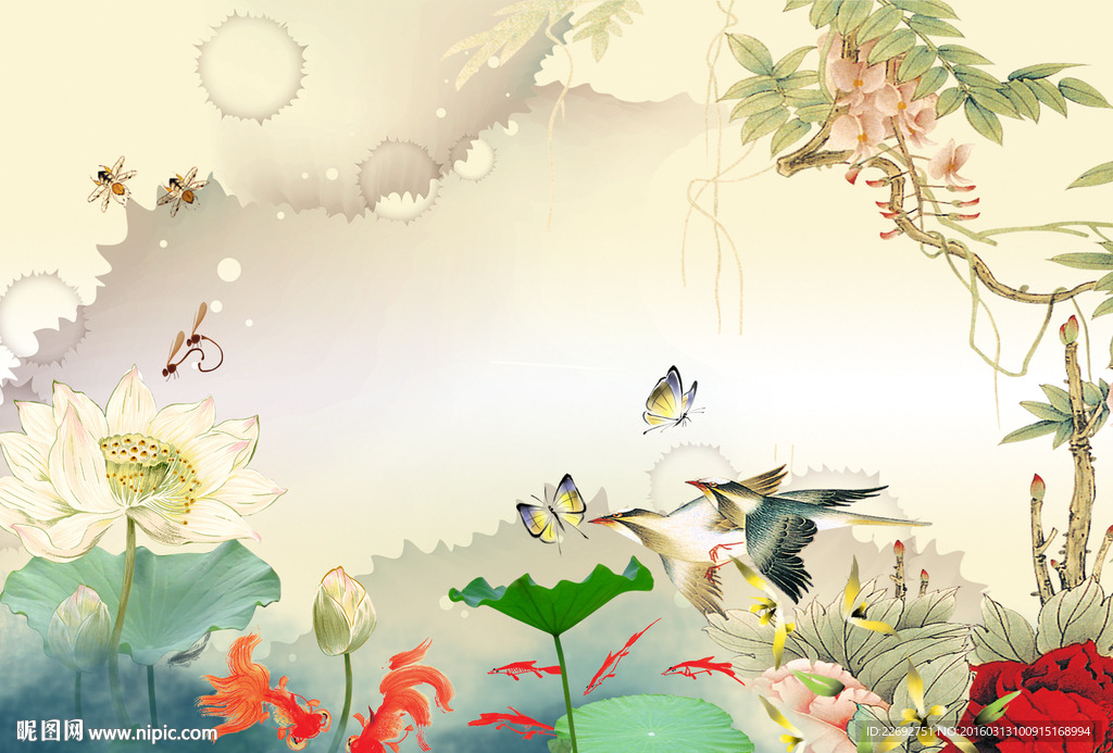 金鱼荷花牡丹双鸟图