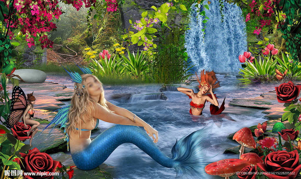 森林瀑布美人鱼婚庆婚礼写真背景