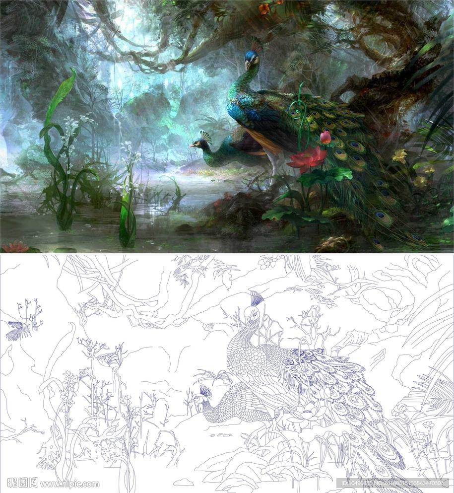 艺术玻璃 孔雀 背景墙 矢量图