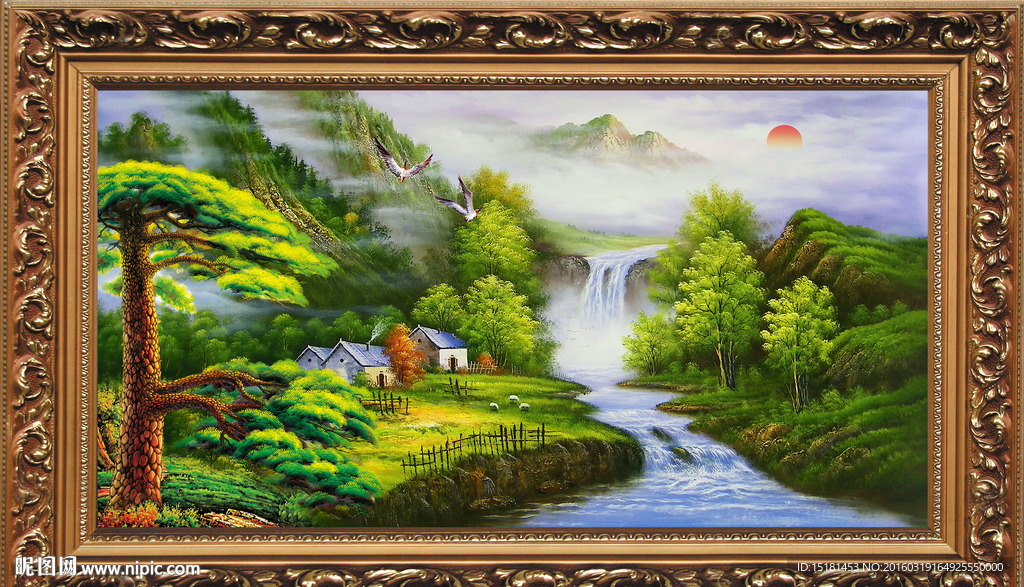 油画风景迎客松