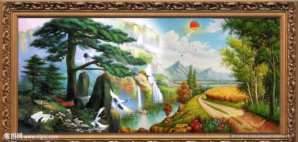 油画风景迎客松