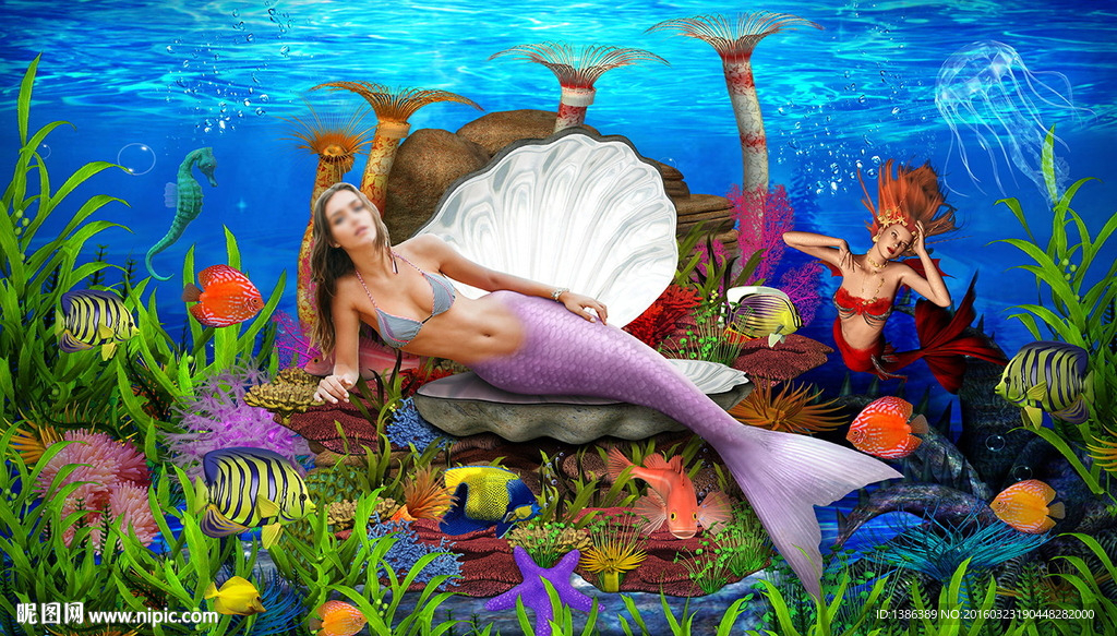海底世界粉紫色美人鱼写真背景