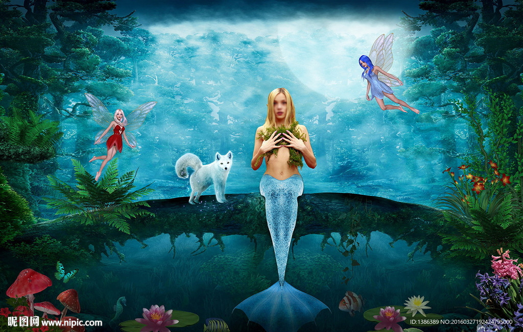 森林幻境蓝色美人鱼婚礼写真背景