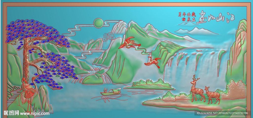 迎客松江山如画仙鹤精雕浮雕灰度