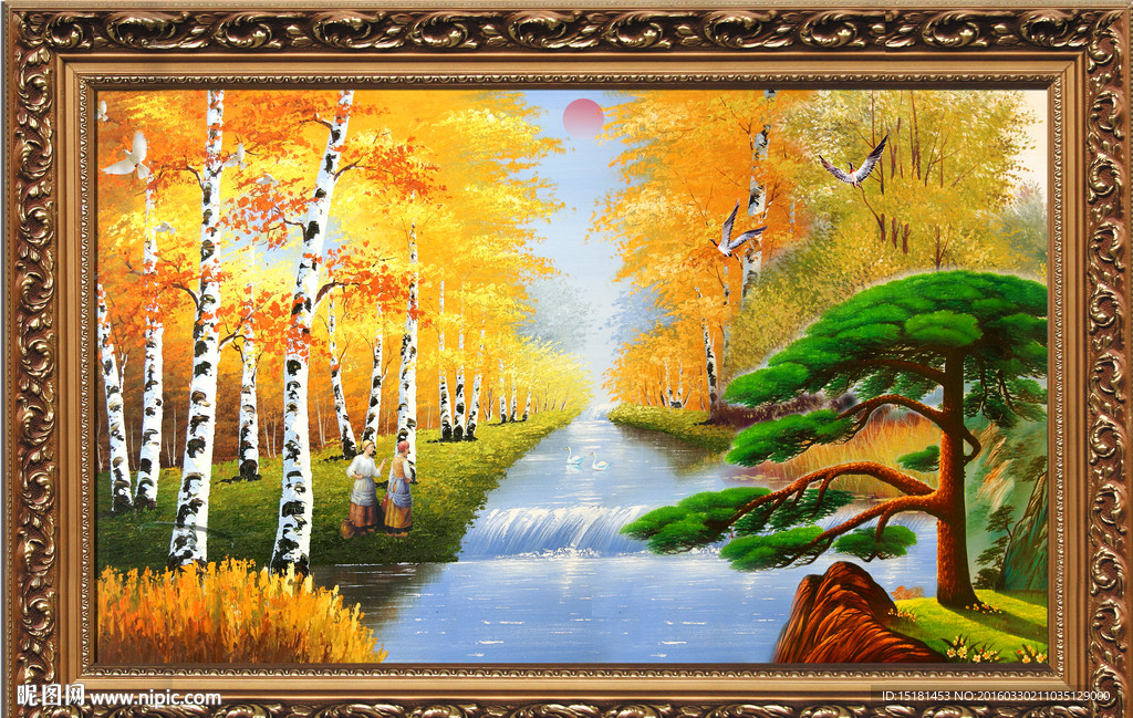 油画风景迎客松