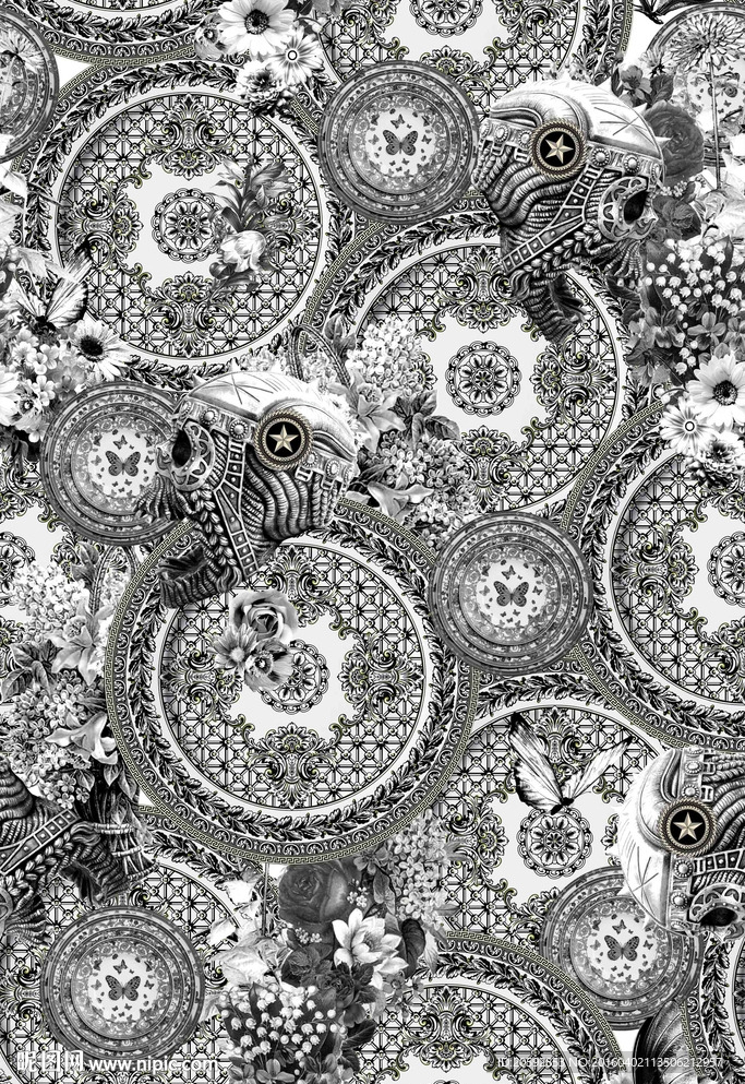 大牌黑白素描骷髅欧式卷草