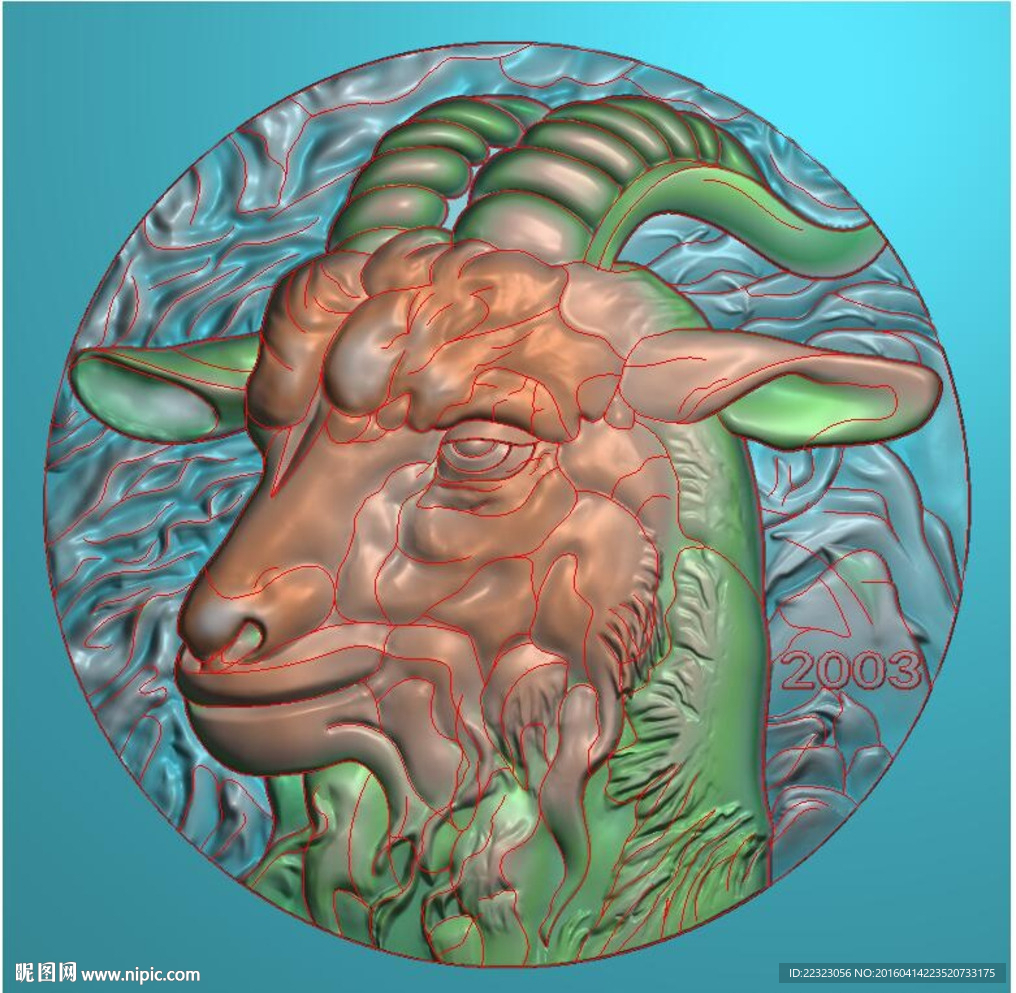 圆形牌子十二生肖羊精雕浮雕灰度