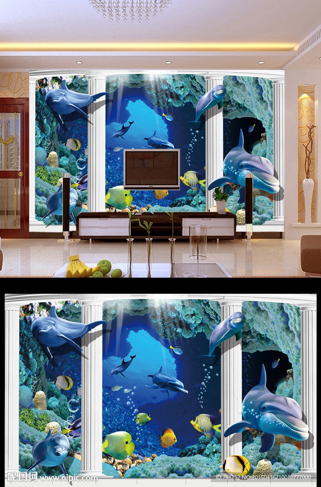 海底世界海豚电视背景墙