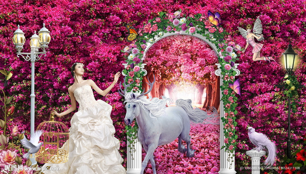 粉色系唯美3D立体婚纱背景墙