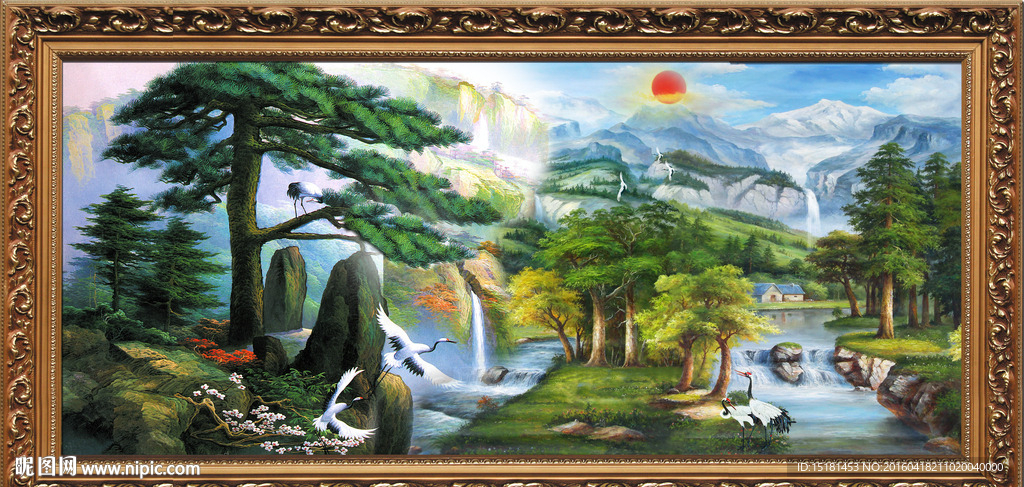 油画风景迎客松