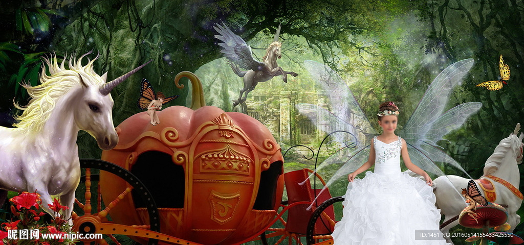 森林系儿童南瓜马车写真模板