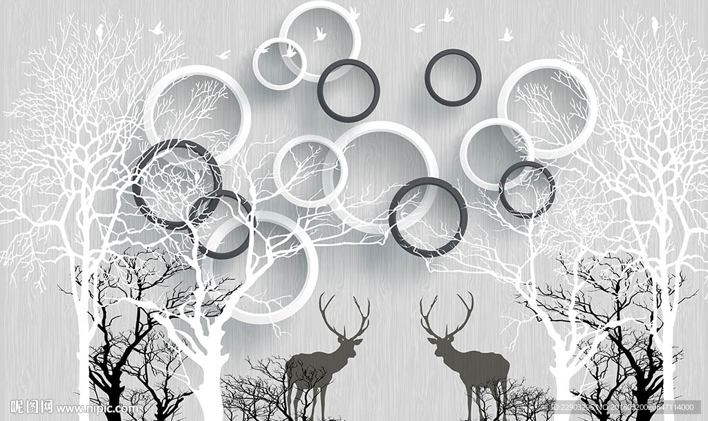 现代简约抽象树木圆圈背景墙