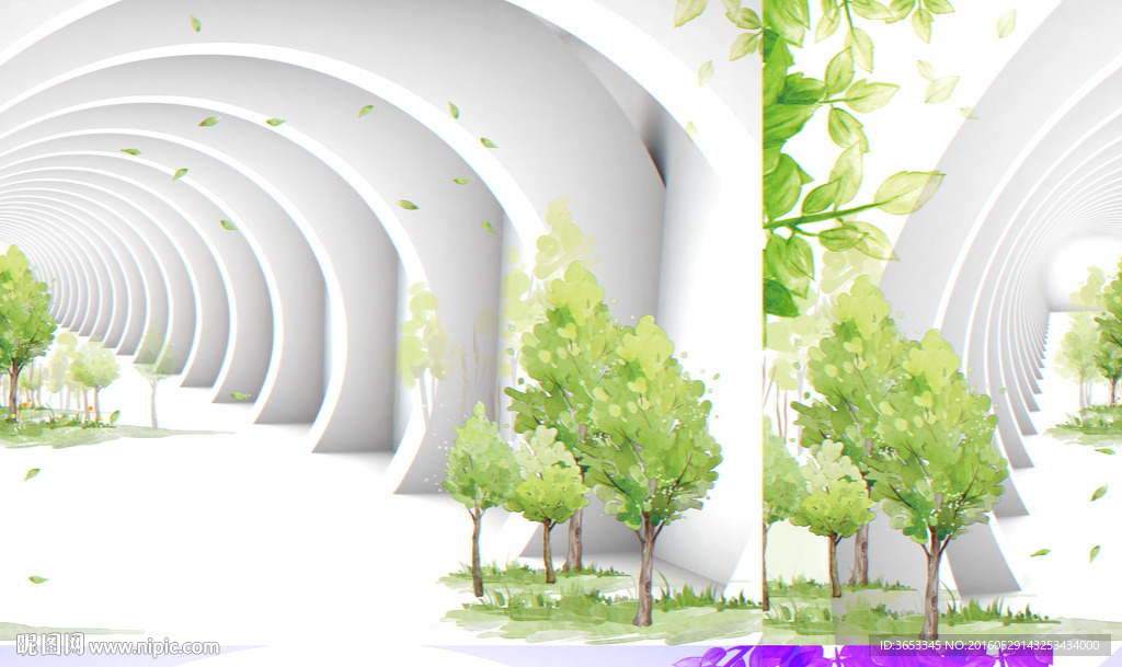 桥洞绿树工笔过道3D艺术背景墙