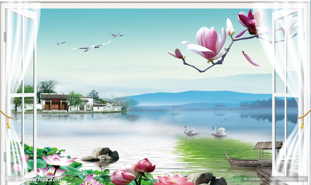 玉兰花荷叶花瓣天鹅湖畔薄纱背景