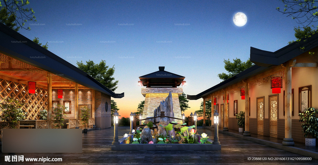 中式饭店夜景效果图