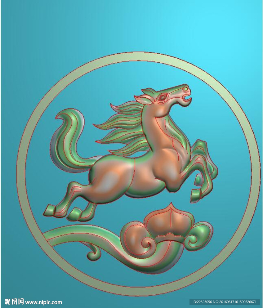 圆形马挂件动物精雕图灰度图浮雕