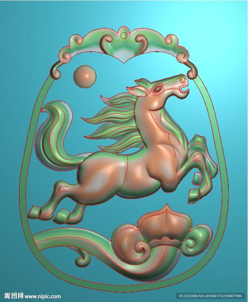 生肖马挂件牌子精雕图灰度图浮雕