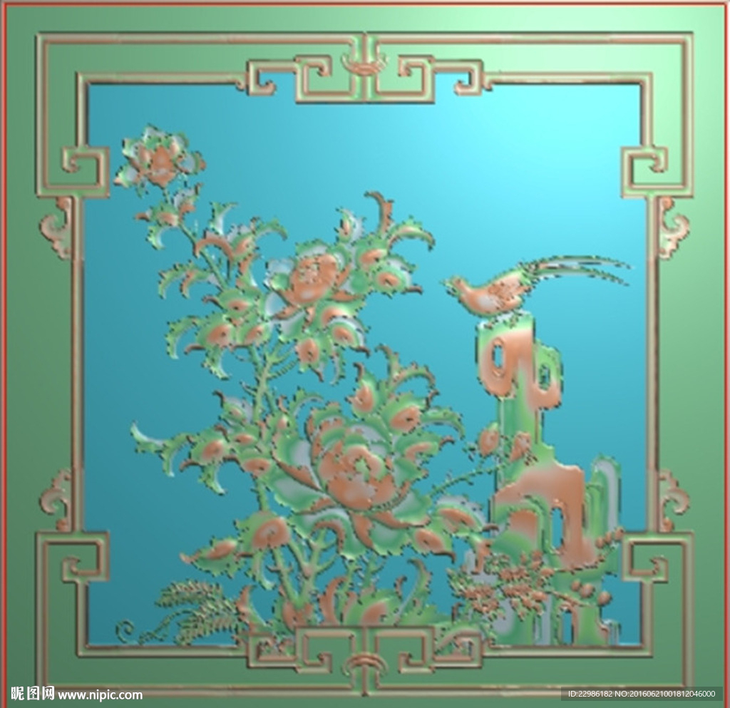 牡丹花鸟精雕图