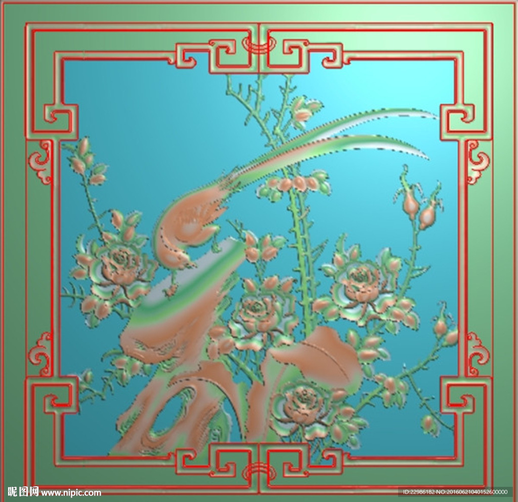 月季花花鸟精雕图