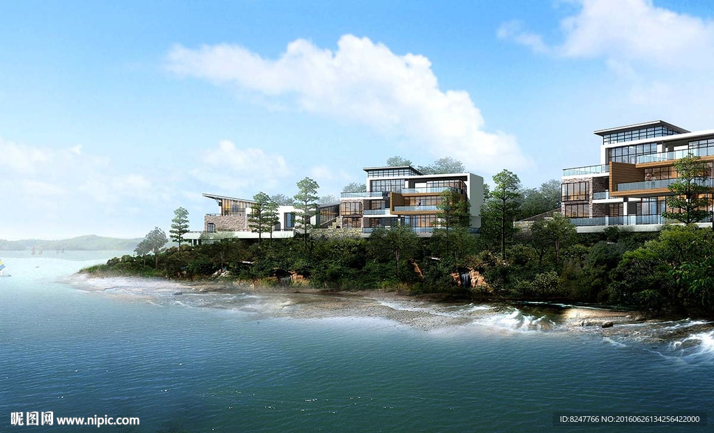 蓝天白云水边别墅建筑效果图