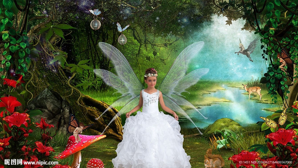 奇幻森林森林湖边儿童写真模板