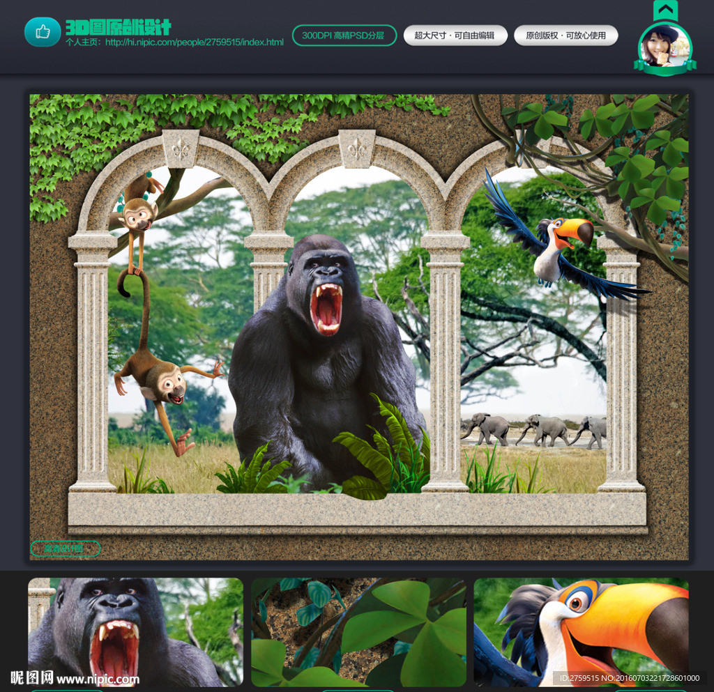 3d墙画 猩猩 猴子 鹦鹉