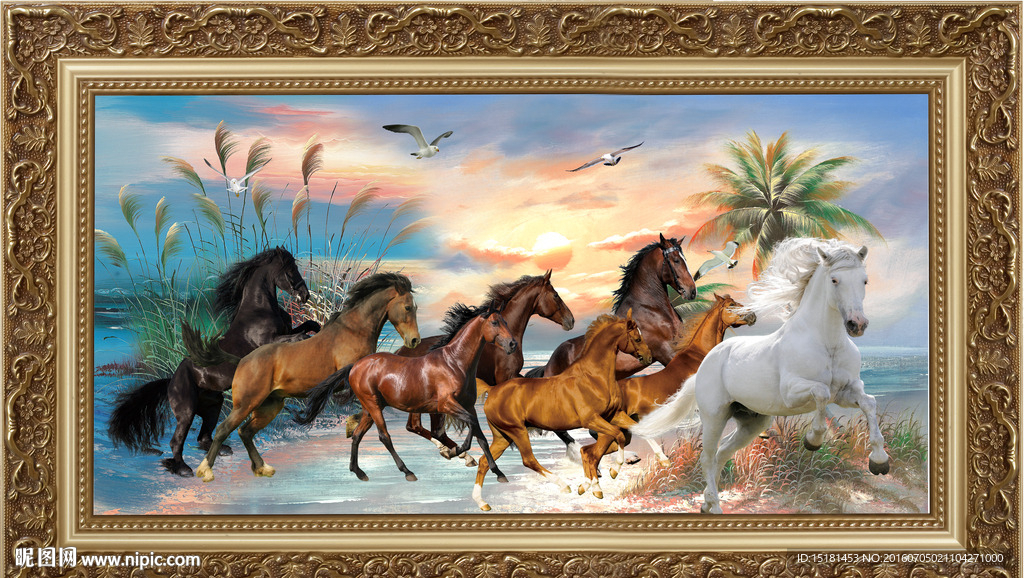 油画风景八骏图