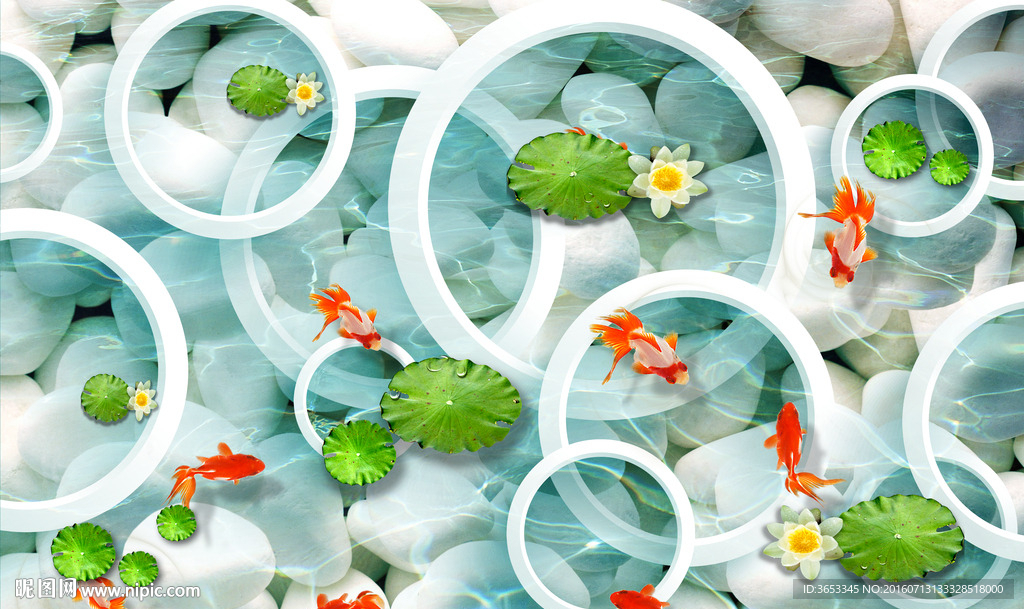 睡莲花金鱼圆圈磁砖地画背景