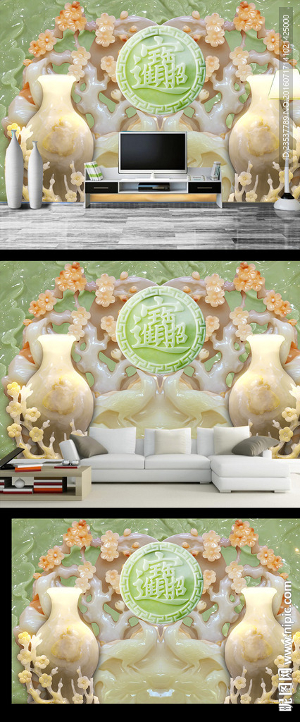 玉雕招财进宝中式背景墙