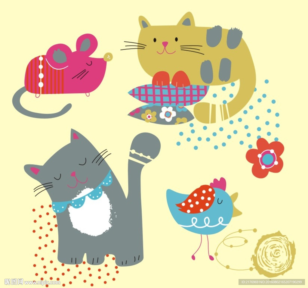 猫 小鸟 老鼠 可爱 花朵