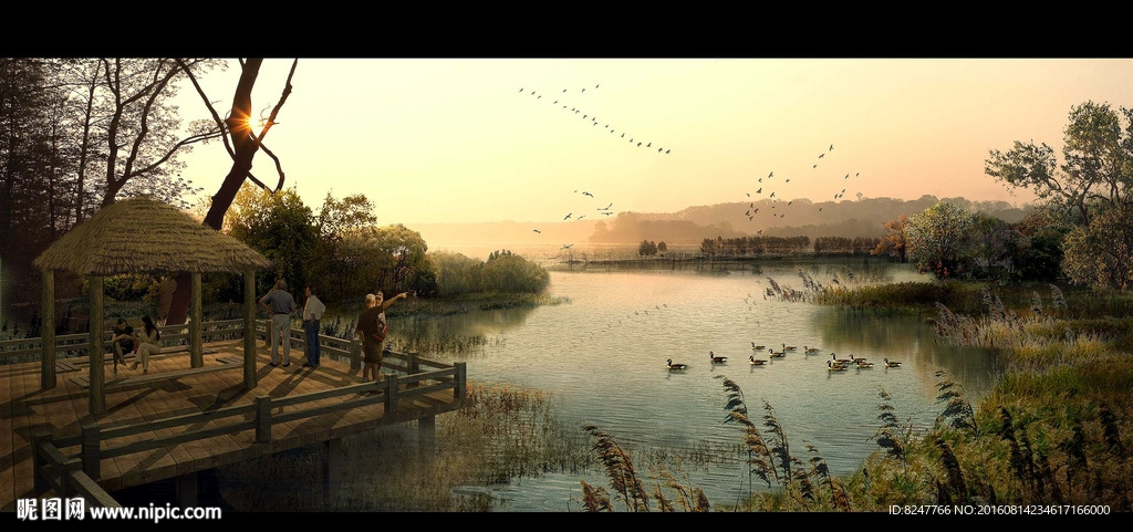 湿地公园黄昏建筑效果图