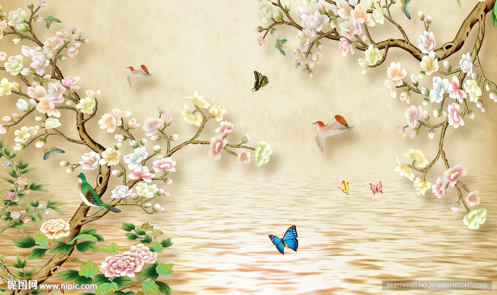 水影花鸟图背景墙