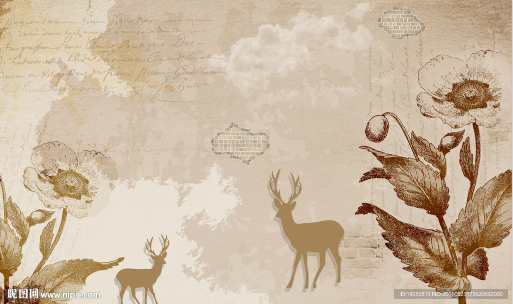 北欧复古麋鹿花卉梦幻背景