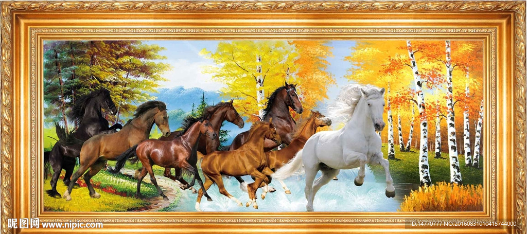 油画风景 八骏图