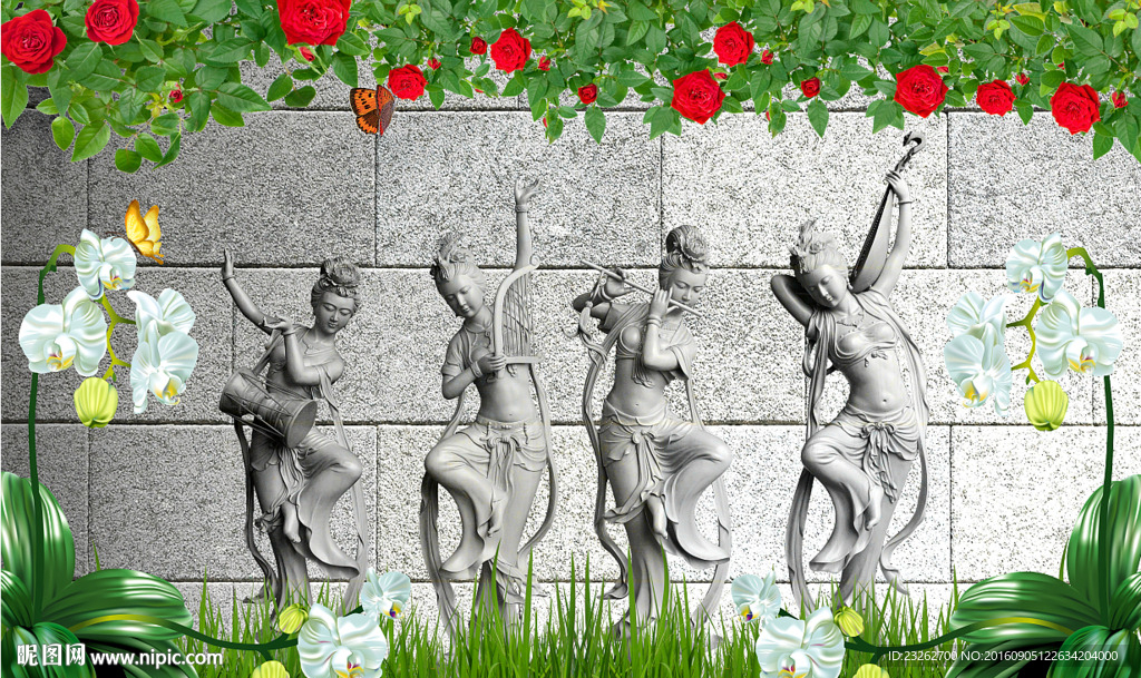 艺术花四大美女背景墙装饰画