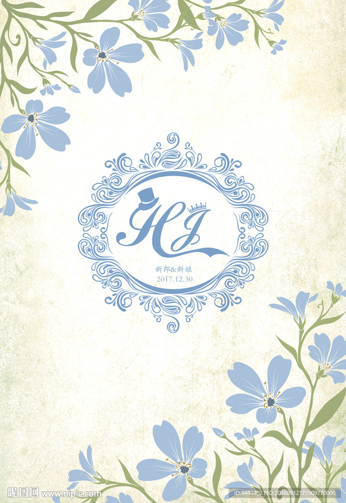 蓝色碎花婚礼水牌背景设计