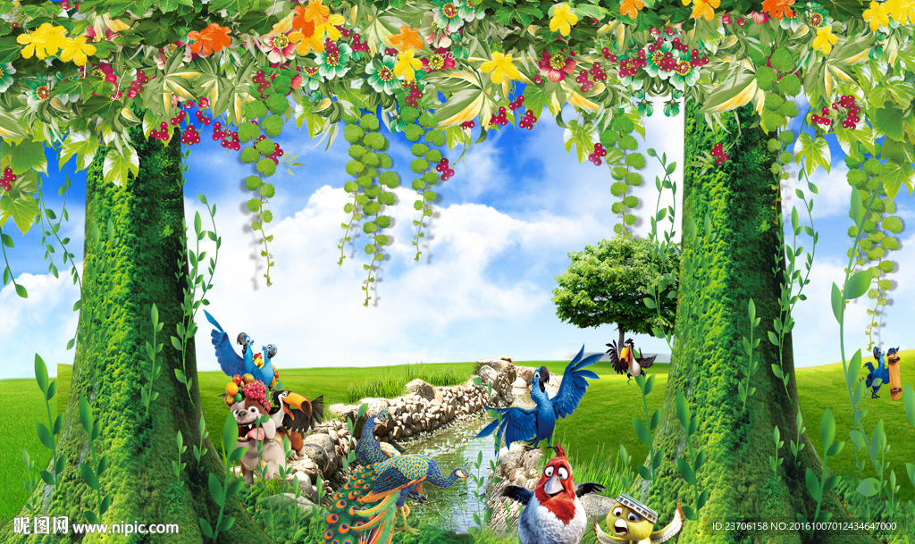 3D动漫丛林背景墙