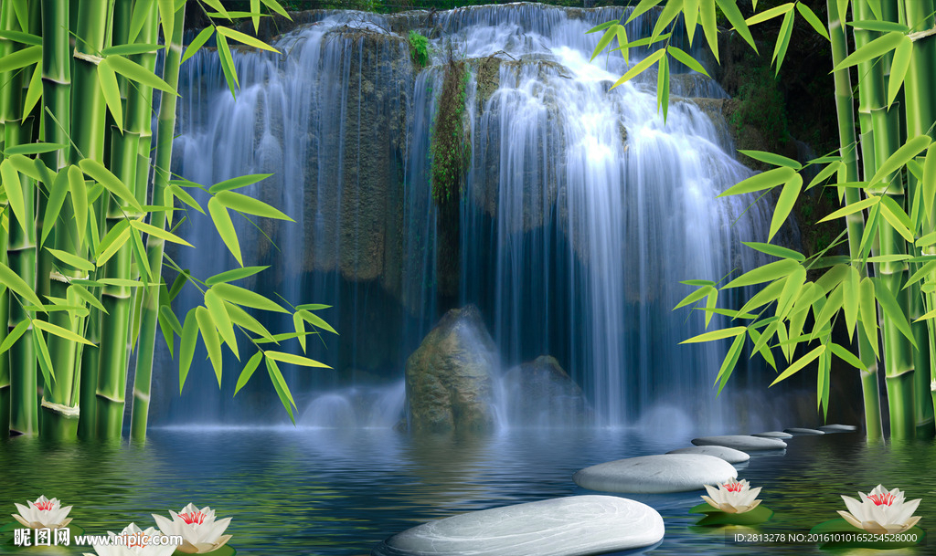 瀑布竹子背景墙