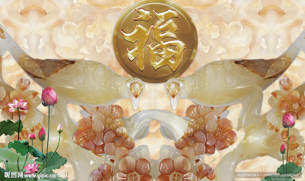 大理石喜鹊报福彩雕花卉背景墙