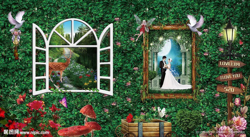 森林系婚礼签到处婚纱照片墙背景