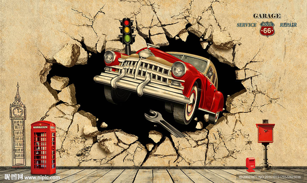 复古汽车破墙而出3D电视背景墙
