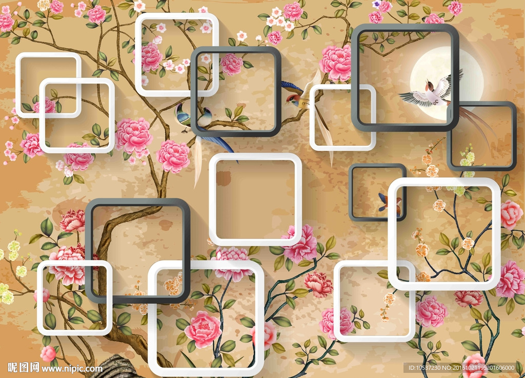 3D复古花鸟壁画