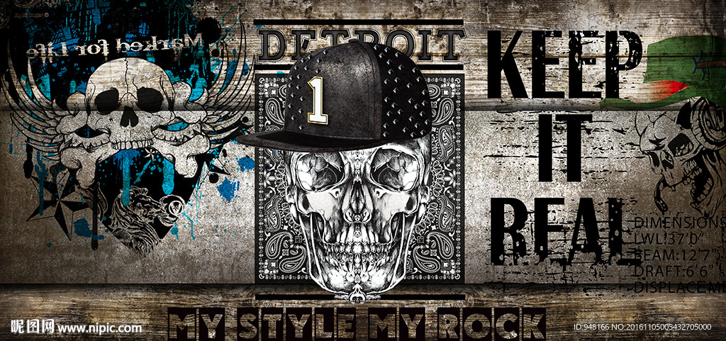 英文摇滚音乐骷髅头背景墙